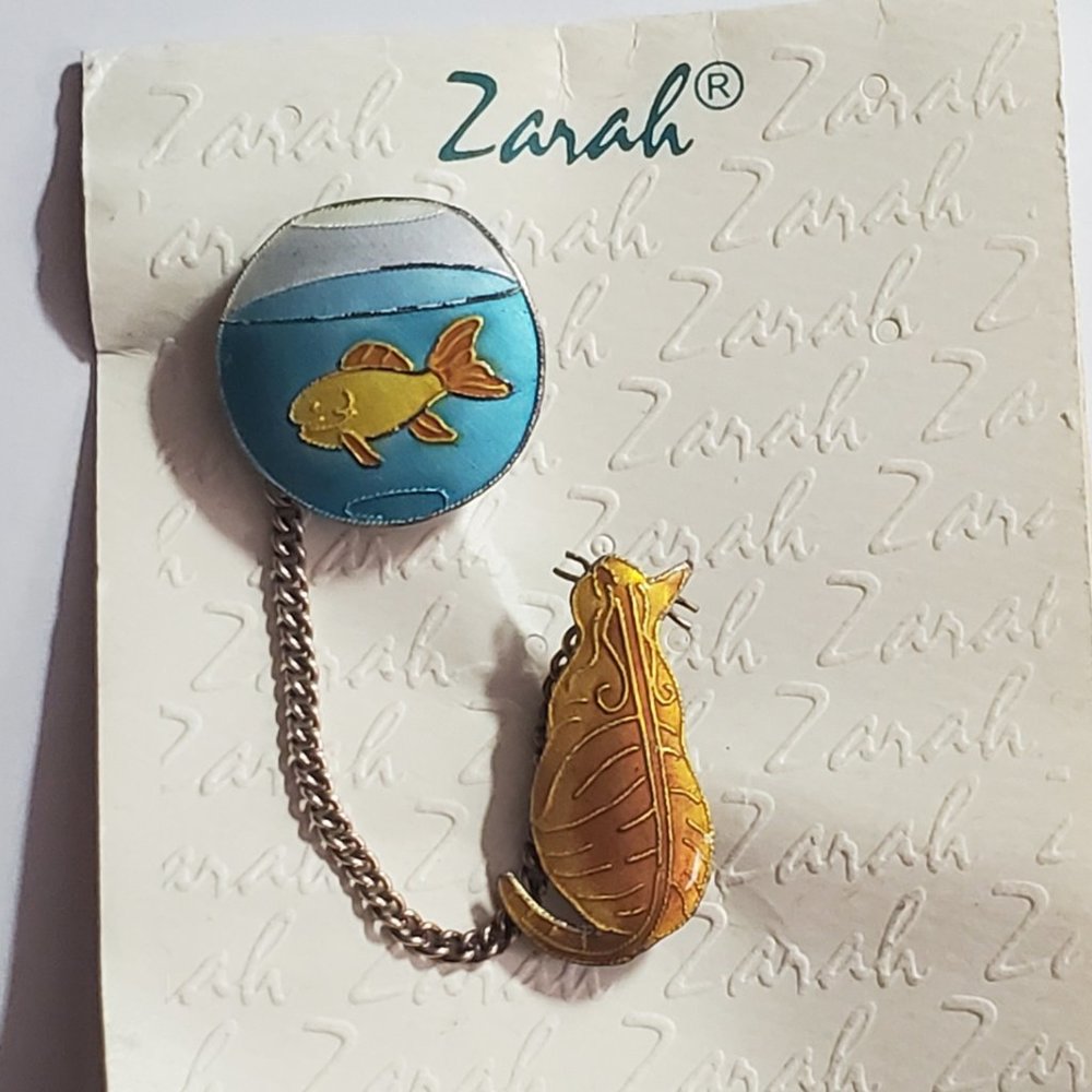 Zarah Cat and Fish Bowl Brooch Enamel Sterling Silver